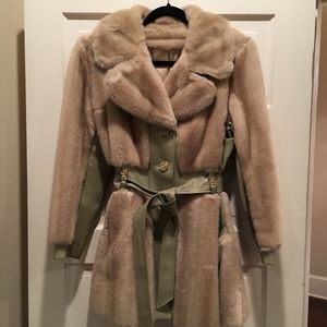 Vintage, Faux fur, faux leather, tan, olive coat
